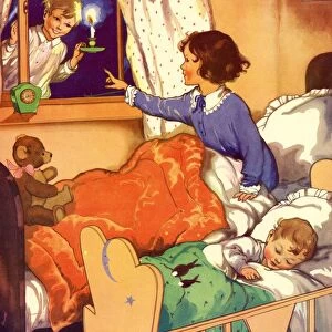 Infant School Illustrations 1950s UK Wee Willie Winkie sleeping bedtime nursery rhymes