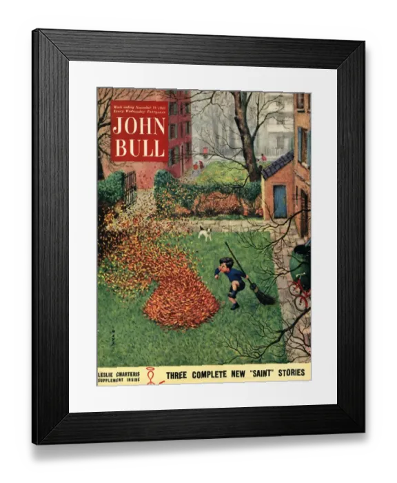 Framed Print : John Bull 1953 1950s UK windy autumn dogs magazines leaves bonfires horticulture