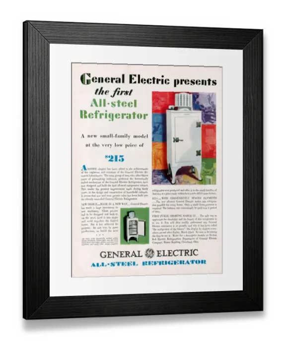 Framed Print : General Electric 1929 1920s refridgerators refrigerators fridges appliances steel