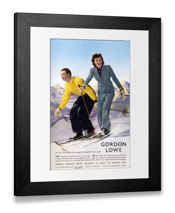 Framed Print : Gordon Lowe 1930s UK mens womens skiing suits humour couples Framed Print : Gordon Lowe 1930s UK mens womens skiing suits humour couples