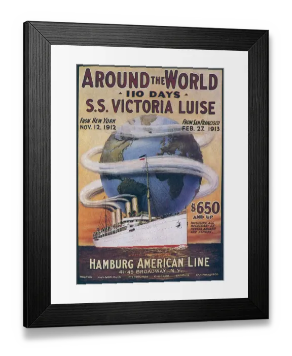 Framed Print : Hamburg American Line 1912 1910s USA boats cruises around the world ships liners