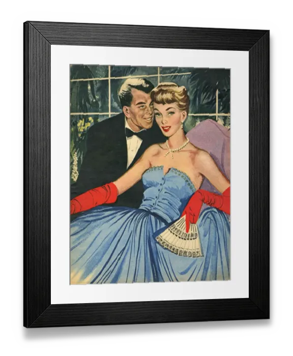 Framed Print : John Bull no date 1950s UK womens story illustrations eveningwear mens fans gloves Framed Print : John Bull no date 1950s UK womens story illustrations eveningwear mens fans gloves