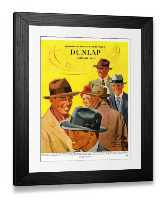 Framed Print : Dunlap 1950s USA mens hats admirers Framed Print : Dunlap 1950s USA mens hats admirers