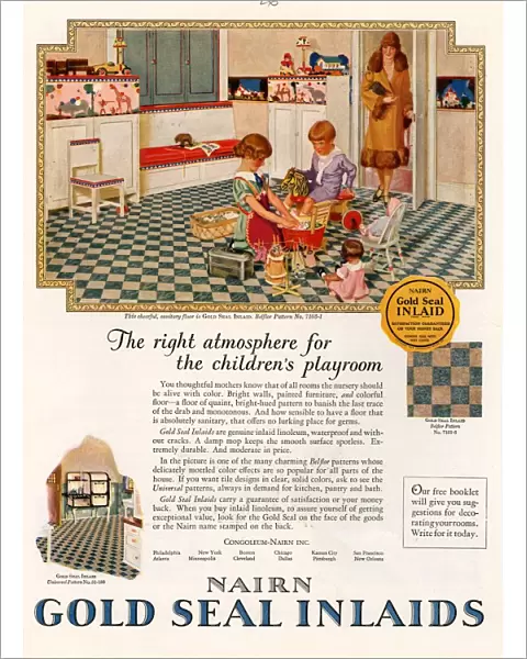 Nairn 1920s USA CC interiors kitchens flooring lino gold seal inlaids playing woman women