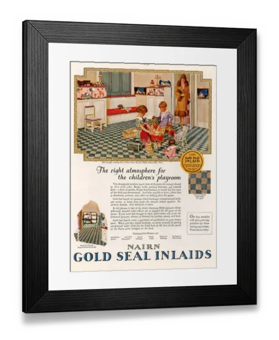 Framed Print : Nairn 1920s USA CC interiors kitchens flooring lino gold seal inlaids playing woman women Framed Print : Nairn 1920s USA CC interiors kitchens flooring lino gold seal inlaids playing woman women