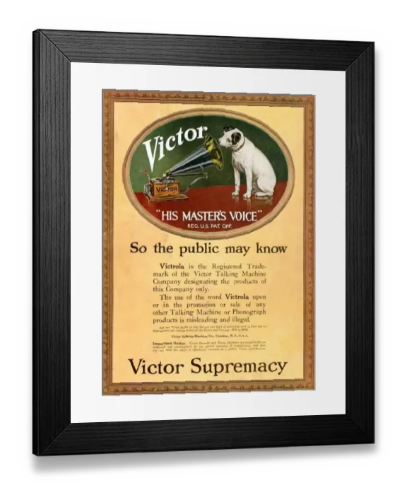 Framed Print : HMV Victor 1920s UK cc nipper dogs logos his masters voice masters