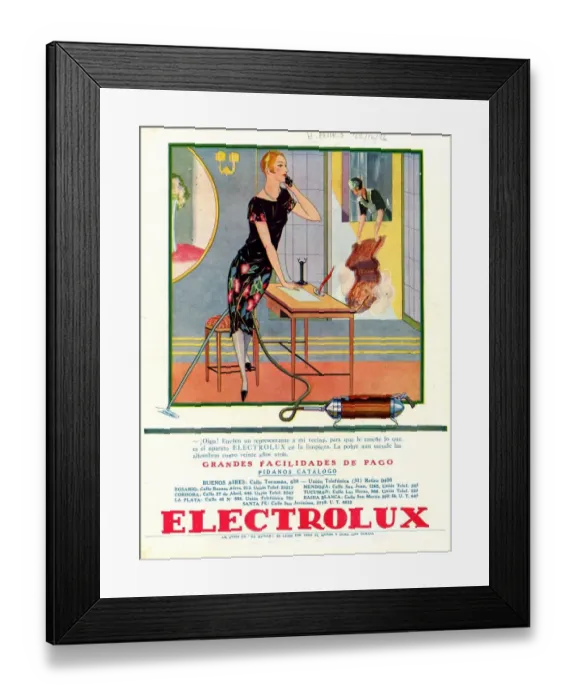 Framed Print : Electrolux 1920s Spain cc vacuum cleaners hoovers maids servants chatting talking