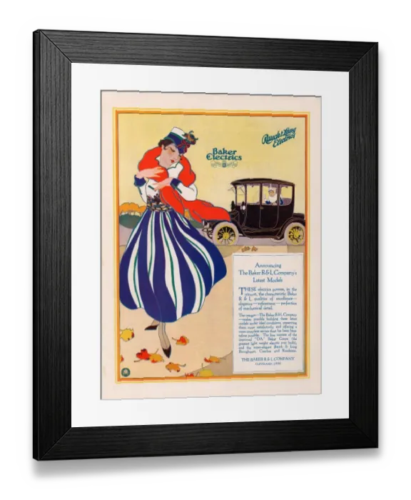 Framed Print : Baker Electric Cars 1910s USA cc cars womens skirts stripes hats wraps seasons autumn