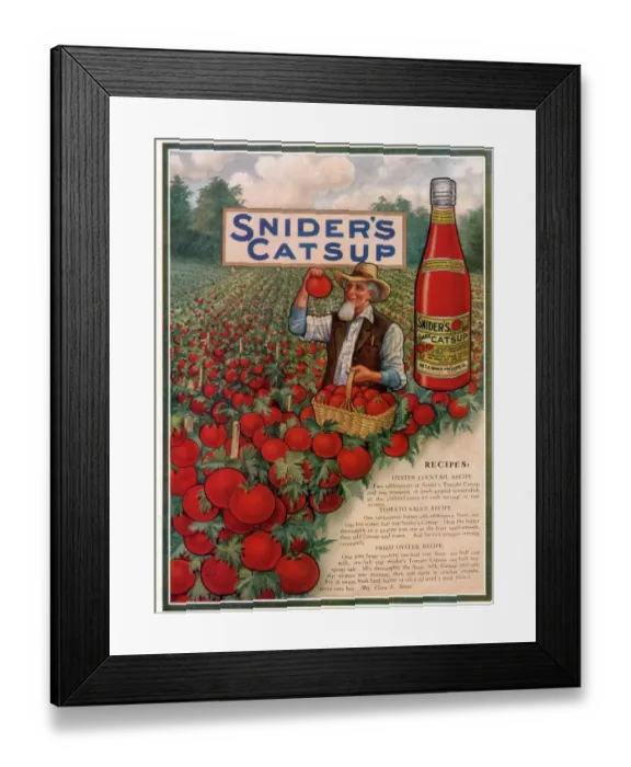 Framed Print : Sniders Catsup 1920s USA CC tomatoes sauce farmers farming recipes Framed Print : Sniders Catsup 1920s USA CC tomatoes sauce farmers farming recipes