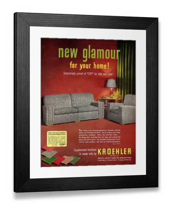 Framed Print : Kroehler 1950s USA itnt sofas interiors fabrics living sitting rooms chairs settees