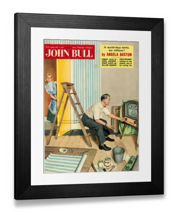 Framed Print : John Bull 1950s UK people watching televisions diy decorating wallpapers hanging Framed Print : John Bull 1950s UK people watching televisions diy decorating wallpapers hanging