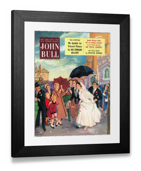 Framed Print : John Bull 1950s UK seasons love marriages weddings brides bridegrooms rain raining Framed Print : John Bull 1950s UK seasons love marriages weddings brides bridegrooms rain raining