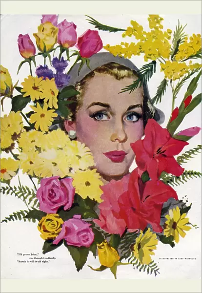 Woman with Flowers 1950s USA Coby Whitmore womens story illustrations CPI womens