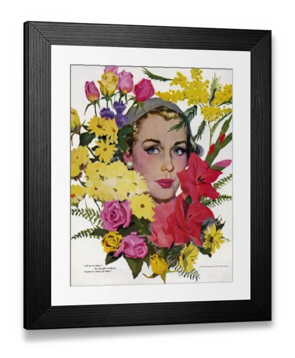 Framed Print : Woman with Flowers 1950s USA Coby Whitmore womens story illustrations CPI womens Framed Print : Woman with Flowers 1950s USA Coby Whitmore womens story illustrations CPI womens