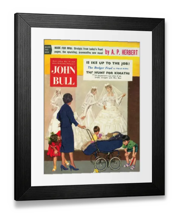 Framed Print : John Bull 1950s UK prams window shopping wedding dresses shopping magazines weddings
