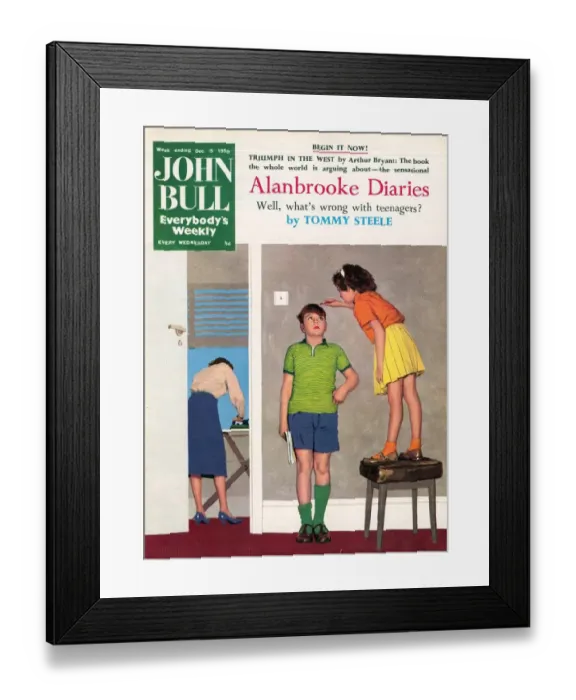Framed Print : John Bull 1959 1950s UK measuring height tall sisters and brothers growing magazines Framed Print : John Bull 1959 1950s UK measuring height tall sisters and brothers growing magazines