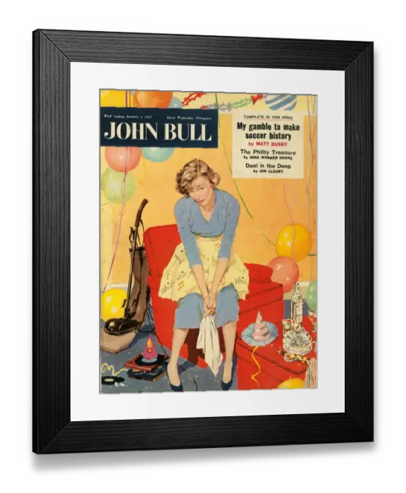Framed Print : John Bull 1957 1950s UK balloons exhausted housewife housewives hoovering hoovers