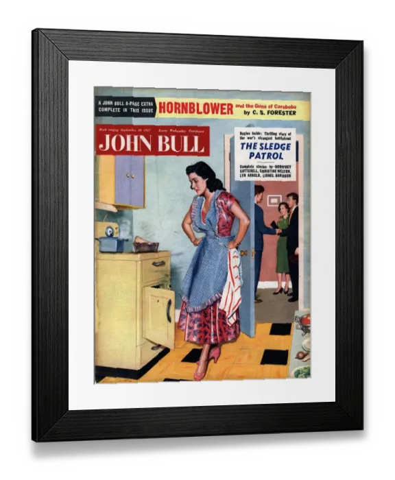 Framed Print : John Bull 1957 1950s UK cooking disasters accidents burnt burning the dinners kitchens