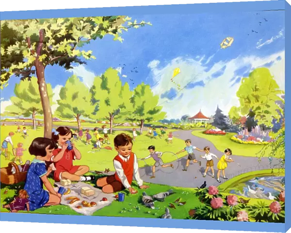 Infant School Illustrations 1950s UK parks playing picnics hoops Enid Blyton