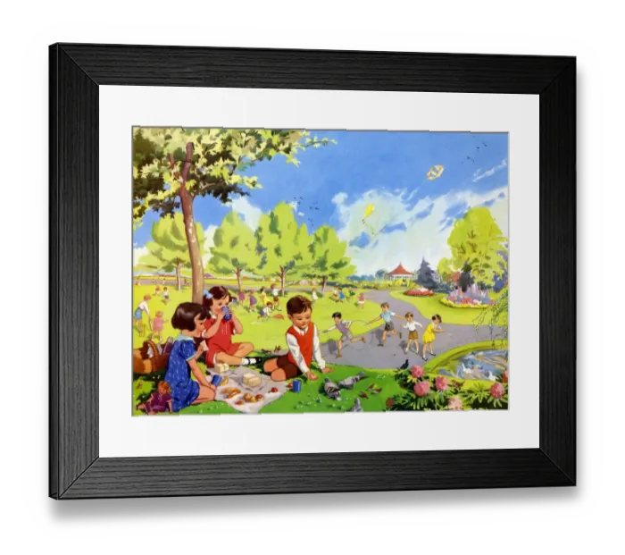 Framed Print : Infant School Illustrations 1950s UK parks playing picnics hoops Enid Blyton Framed Print : Infant School Illustrations 1950s UK parks playing picnics hoops Enid Blyton
