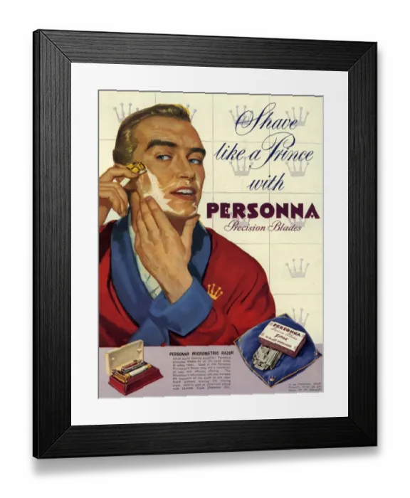 Framed Print : Personna 1953 1950s UK shaving mens shaving blades razors