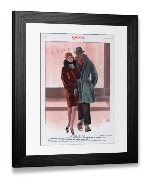 Framed Print : Le Sourire 1928 1920s France womens mens coats restaurants illustrations mens