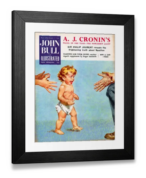 Framed Print : John Bull 1958 1950s UK babies first steps learning to walk magazines baby Framed Print : John Bull 1958 1950s UK babies first steps learning to walk magazines baby