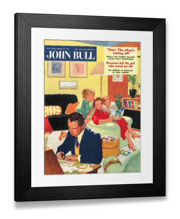 Framed Print : John Bull 1950s UK holidays brochures arguing finance planning arguments magazines