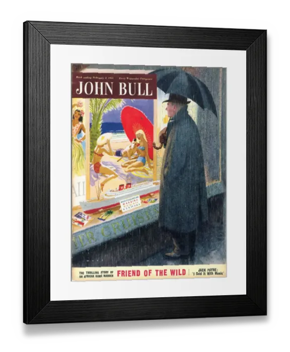 Framed Print : John Bull 1950s UK holidays seasons travel agents raining umbrellas magazines Framed Print : John Bull 1950s UK holidays seasons travel agents raining umbrellas magazines