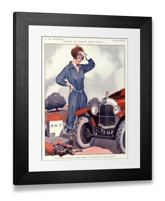 Framed Print : 1920s France la vie parisienne breakdowns art deco women woman drivers driving magazines Framed Print : 1920s France la vie parisienne breakdowns art deco women woman drivers driving magazines