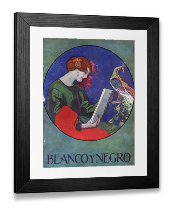 Framed Print : Blanco y Negro 1025 1920s Spain cc magazines reading peacocks birds books