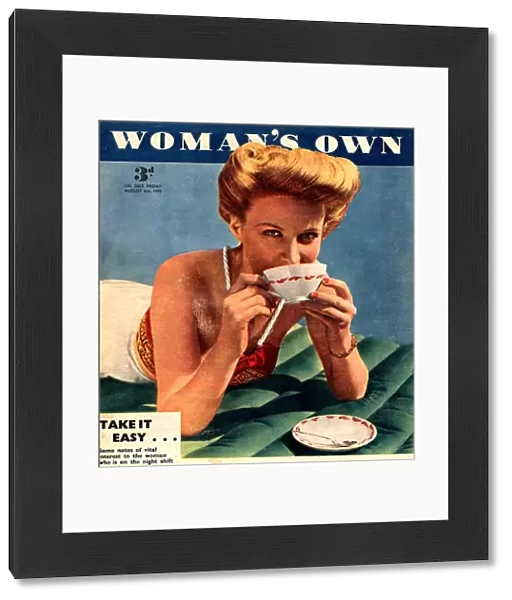 Womans Own 1953 1950s UK drinking tea relaxing