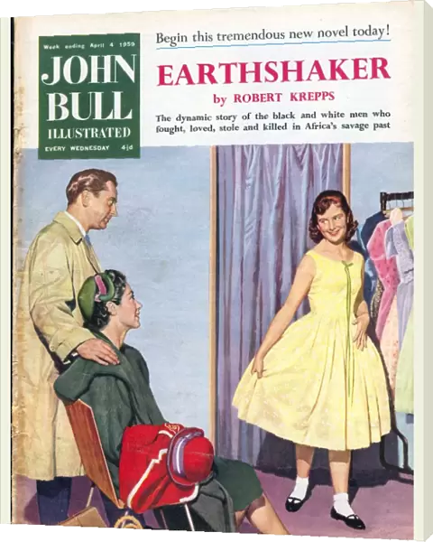 John Bull 1950s UK trying on womens magazines clothing clothes