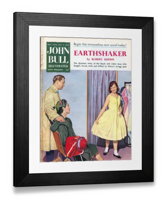 Framed Print : John Bull 1950s UK trying on womens magazines clothing clothes