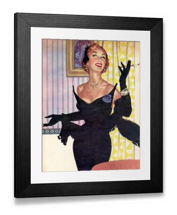 Framed Print : 1940s UK womens smoking evening dresses gloves fashion Framed Print : 1940s UK womens smoking evening dresses gloves fashion