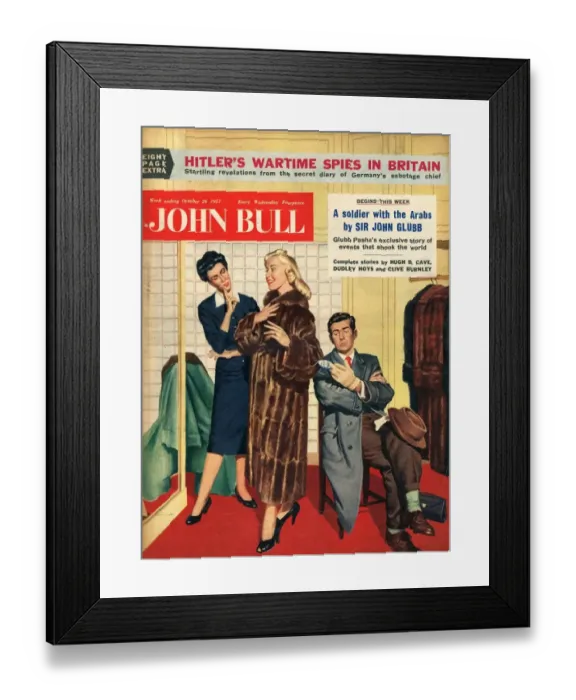 Framed Print : John Bull 1957 1950s UK womens fur coats saleswoman shop assistants husbands shopping Framed Print : John Bull 1957 1950s UK womens fur coats saleswoman shop assistants husbands shopping