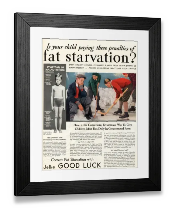 Framed Print : 1920s USA humour jelke good luck fat starvation