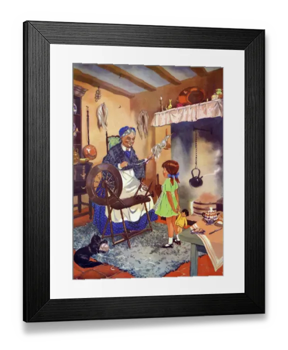 Framed Print : Infant School Illustrations 1950s UK spinning wheels grandmothers cats wool Enid