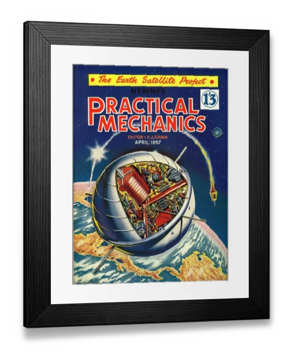 Framed Print : Practical Mechanics 1950s UK visions of the future satellites earth space planets
