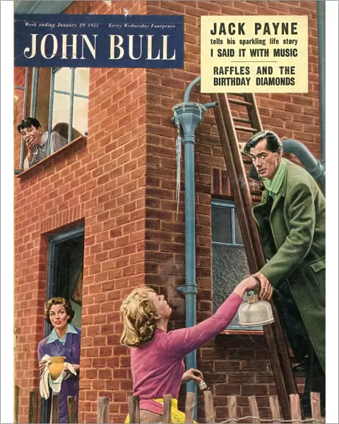 John Bull 1955 1950s UK seasons winter burst pipes frozen ice ladders gutters housewife