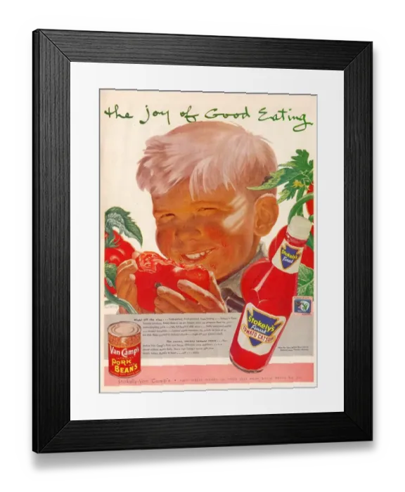 Framed Print : Stockely, and Van Camp 1930s USA TJS itnt boys boys eating tomatoes ketchup catsup