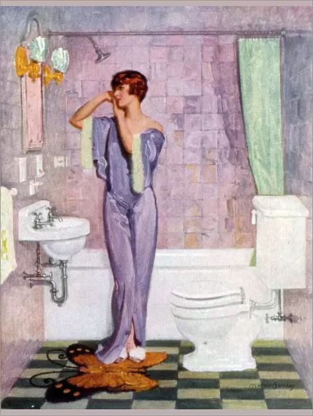 Woman in Bathroom 1930s UK cc cc interiors bathrooms toilets womens nightdresses