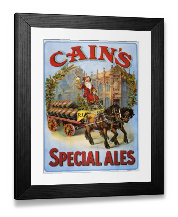Framed Print : Cains 1908 1900s UK Cains beer alcohol Father Christmas Santa Claus advert horses Framed Print : Cains 1908 1900s UK Cains beer alcohol Father Christmas Santa Claus advert horses