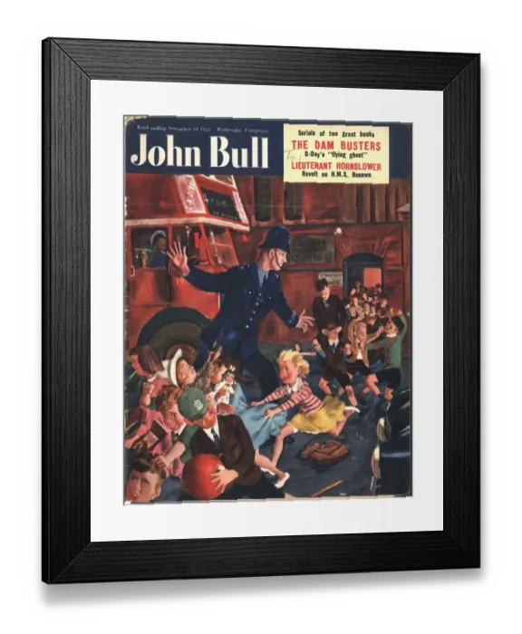 Framed Print : John Bull 1951 1950s UK naughty children schools police man men road safety magazines
