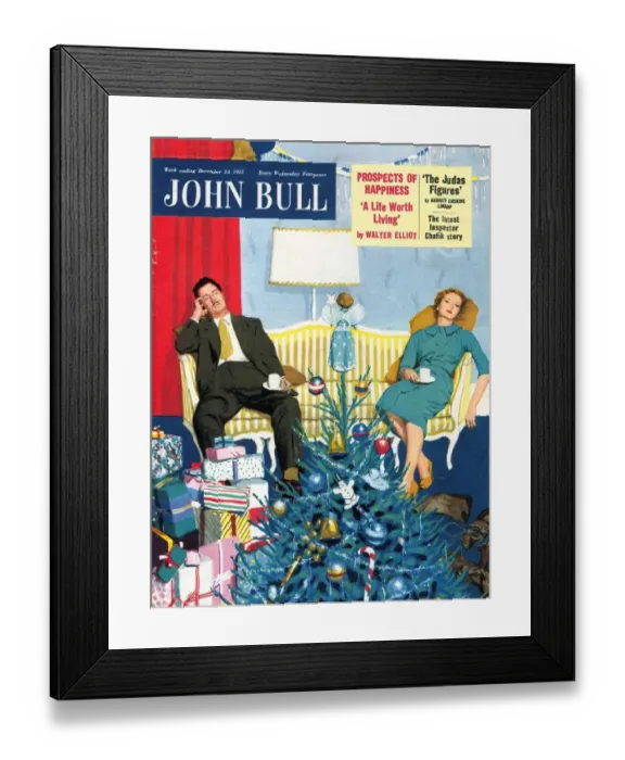 Framed Print : John Bull 1950s UK trees decorations presents exhausted magazines after tired post