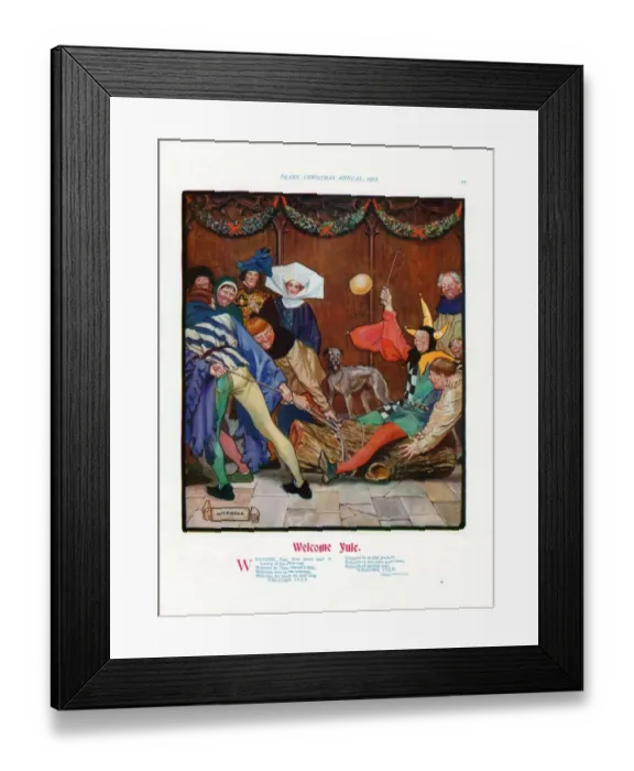 Framed Print : Pears Annual 1915 1910s UK cc carols welcome yule logs jesters parties party Framed Print : Pears Annual 1915 1910s UK cc carols welcome yule logs jesters parties party