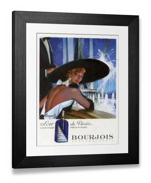 Framed Print : Bourjois 1951 1950s France womens up hats Paris Eiffel Tower Soir de Paris Framed Print : Bourjois 1951 1950s France womens up hats Paris Eiffel Tower Soir de Paris