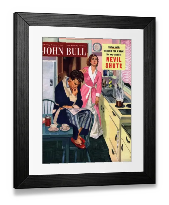 Framed Print : John Bull 1955 1950s UK cooking reading pyjamas disasters accidents kitchens husbands