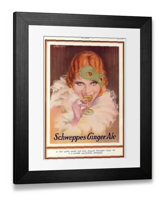 Framed Print : Schweppes 1930s UK ginger ale art deco drinking masks Framed Print : Schweppes 1930s UK ginger ale art deco drinking masks