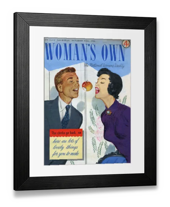 Framed Print : Womans Own 1949 1940s UK magazines games adults apples eating Framed Print : Womans Own 1949 1940s UK magazines games adults apples eating
